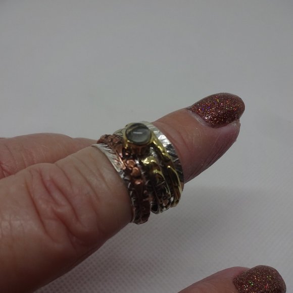 Whimsical "MOONSTONE" SPINNER RING in SILVER, GOLD & COPPER Size 8 #921 - Picture 1 of 3